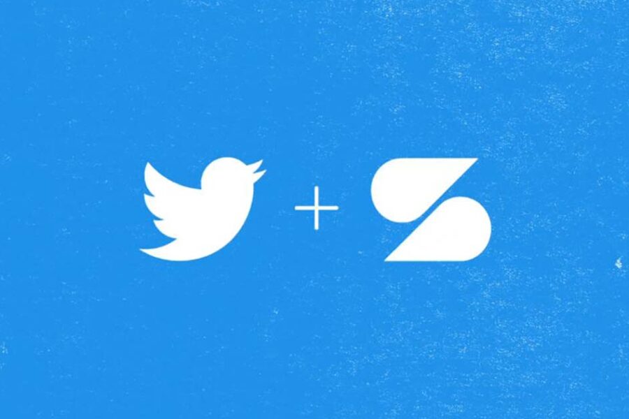 Twitter bird icon plus another logo on a blue background