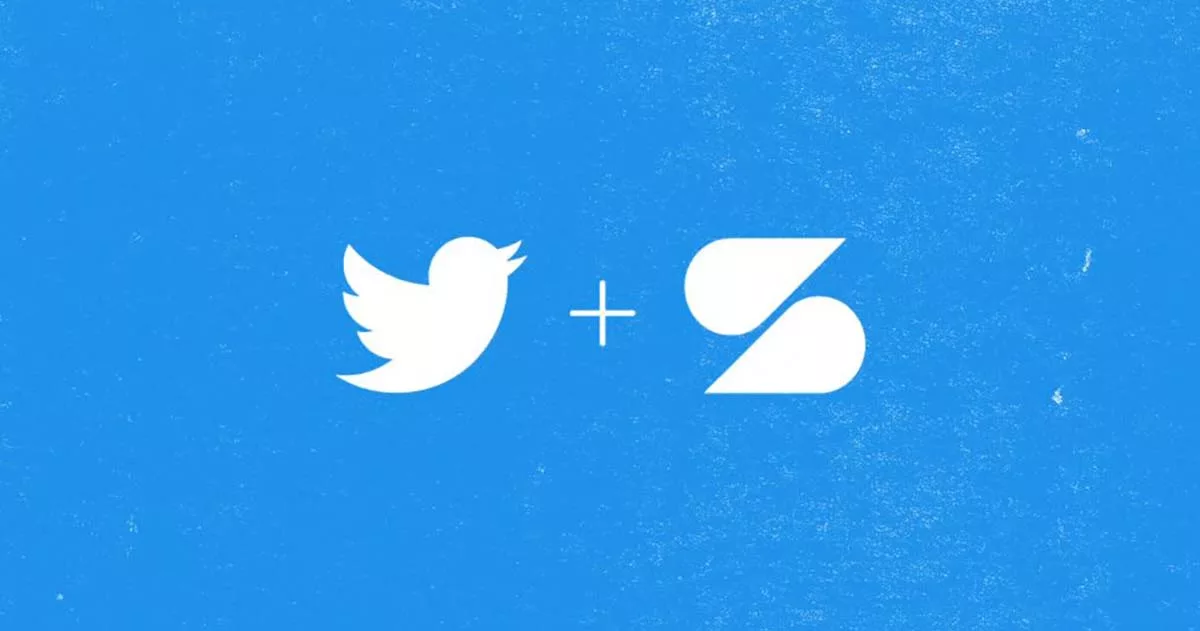Twitter bird logo and a plus sign next to geometric shape on blue background.