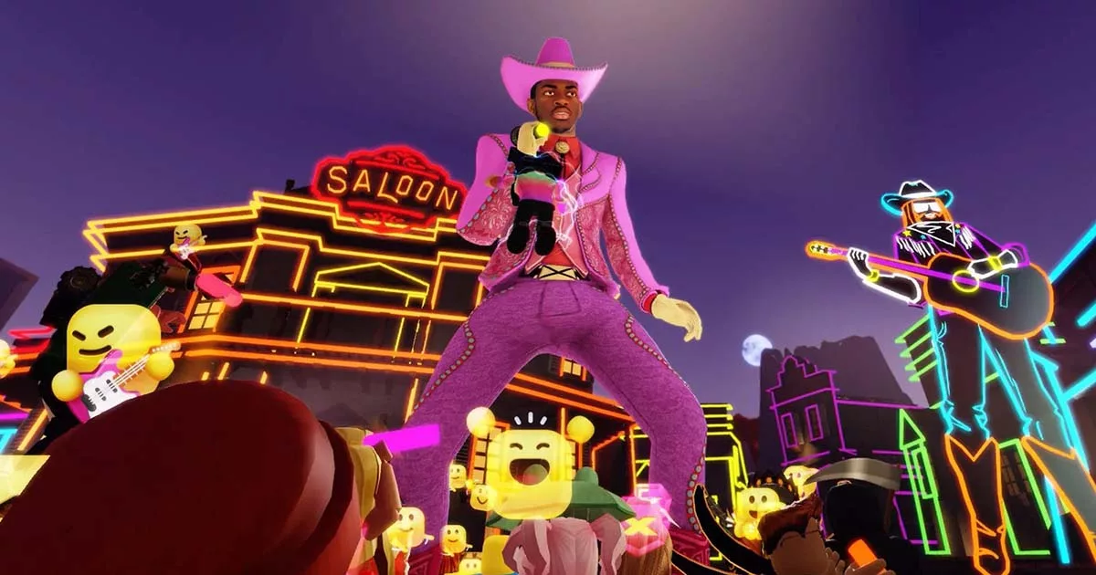 Animated neon-themed cowboy characters performing in a vibrant virtual concert.