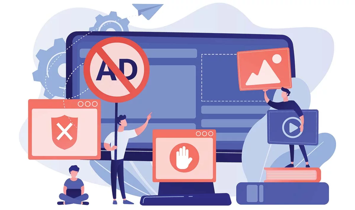 Illustration of ad blocking with figures and no-ad symbols on devices
