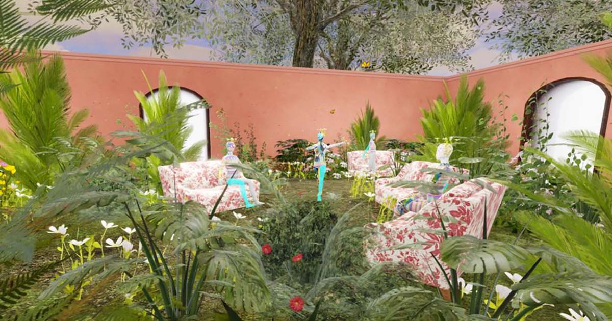Lush garden with floral-patterned furniture and decorative statues