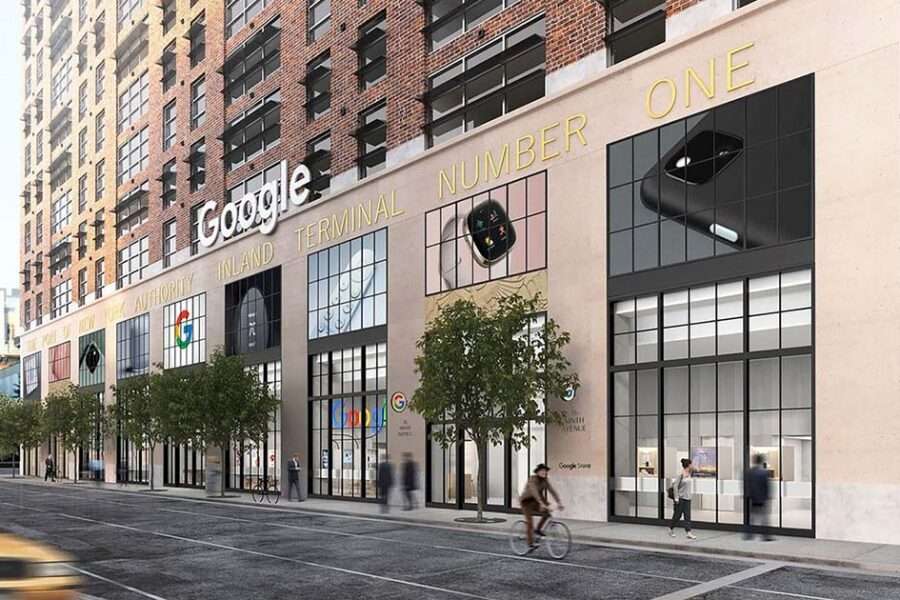 Street view of Google office with modern glass facade