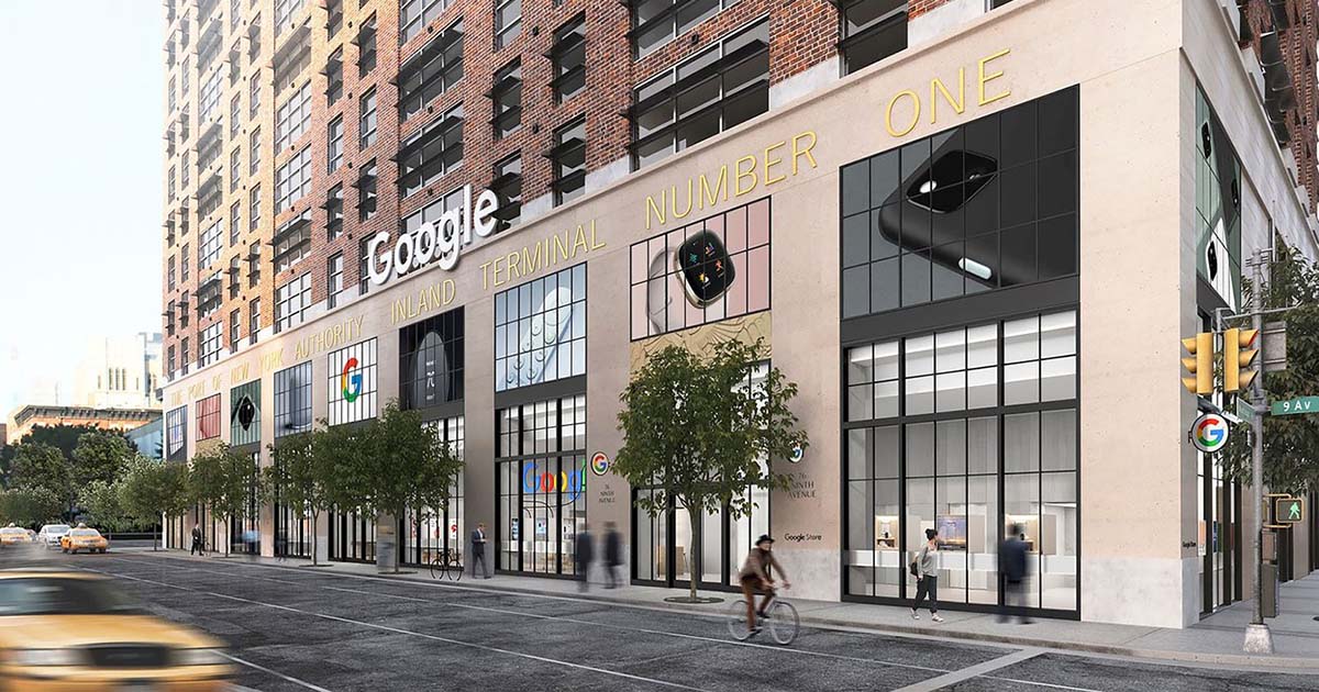 Exterior view of Google's New York office building with signage and street.