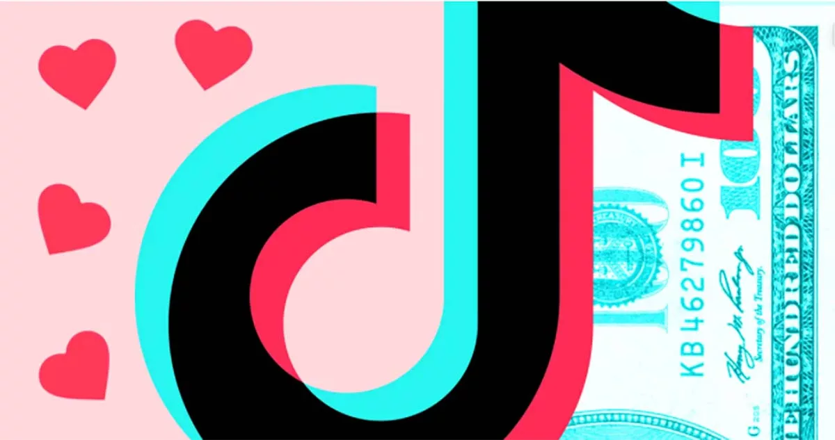 TikTok logo with hearts and a dollar bill on a pink background.