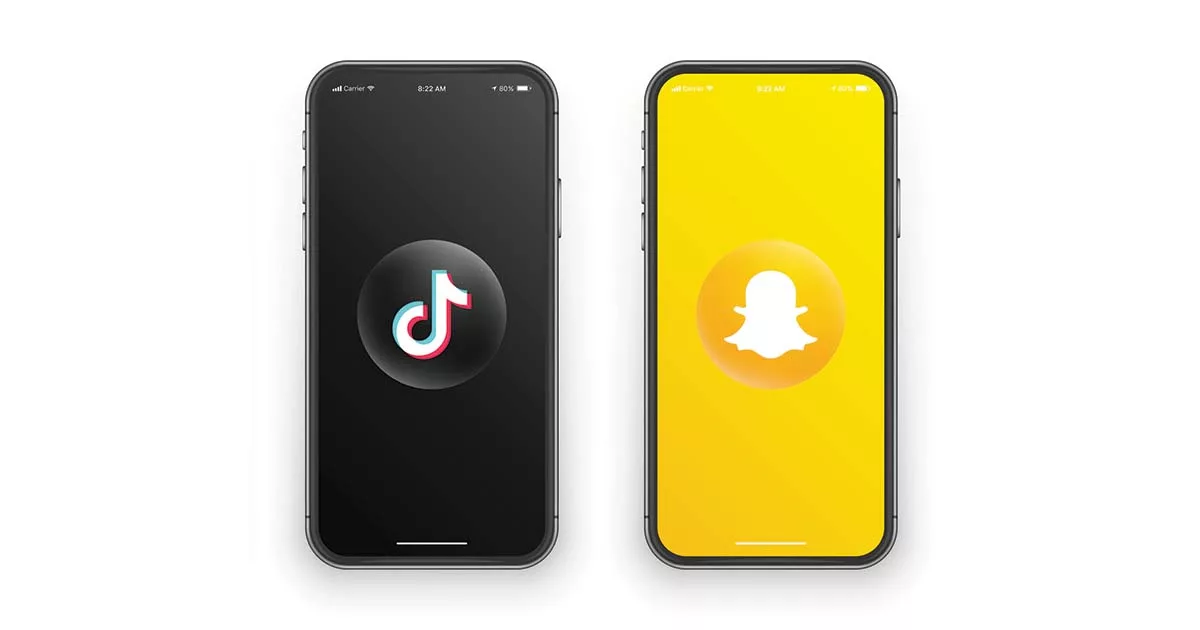 Two smartphones displaying TikTok and Snapchat app icons on screens against white background.