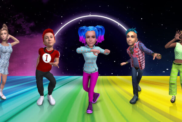 Animated characters dancing on rainbow road in space with neon halo