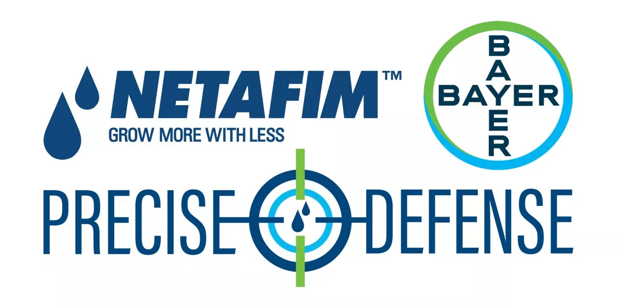 Netafim and Bayer logos with slogans "Grow More With Less" and "Precise Defense"