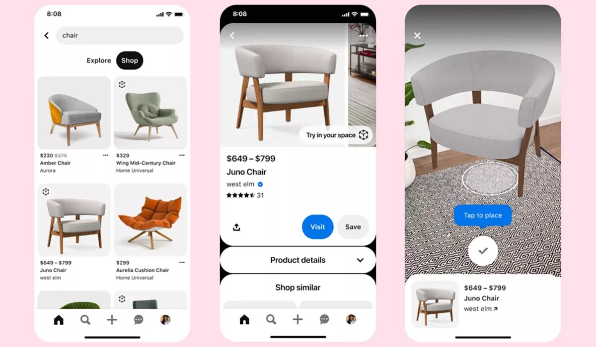 Shopping app screens displaying various modern chairs with prices and AR view option.