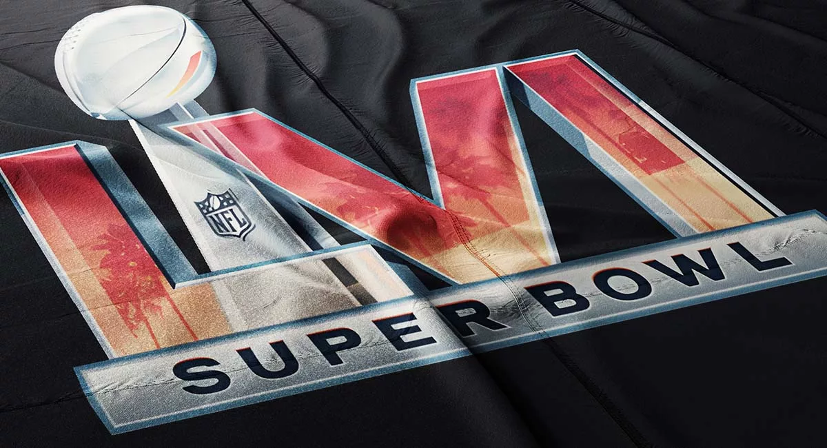 Super Bowl logo with NFL shield on a textured black background