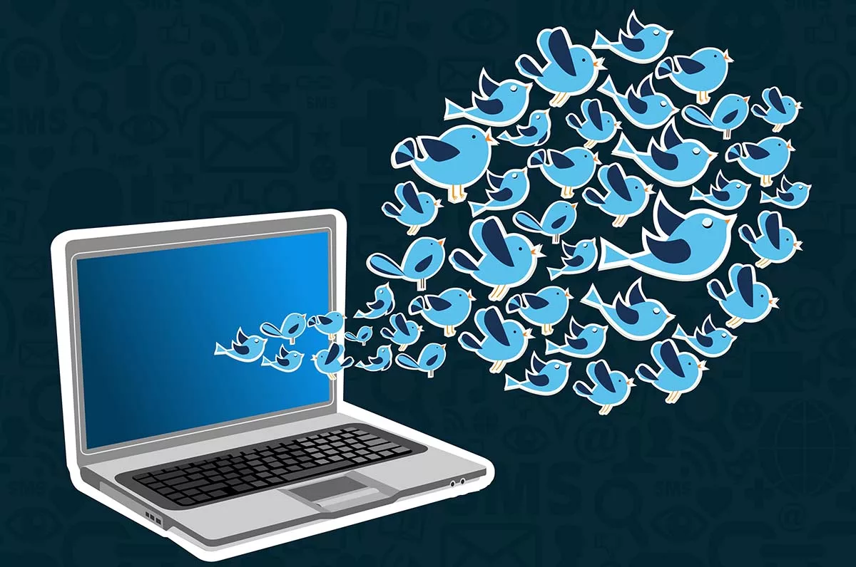 Laptop with blue screen emitting flock of cartoon birds symbolizing social media activity.