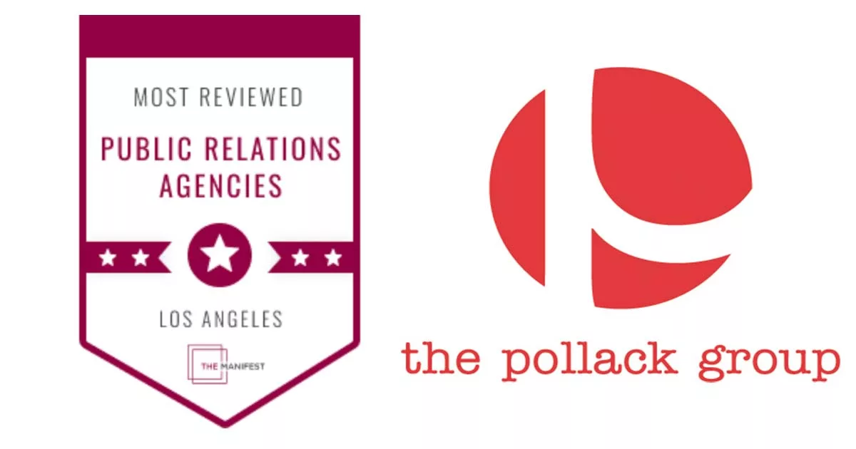 Badge for Most Reviewed Public Relations Agencies beside Pollack Group logo