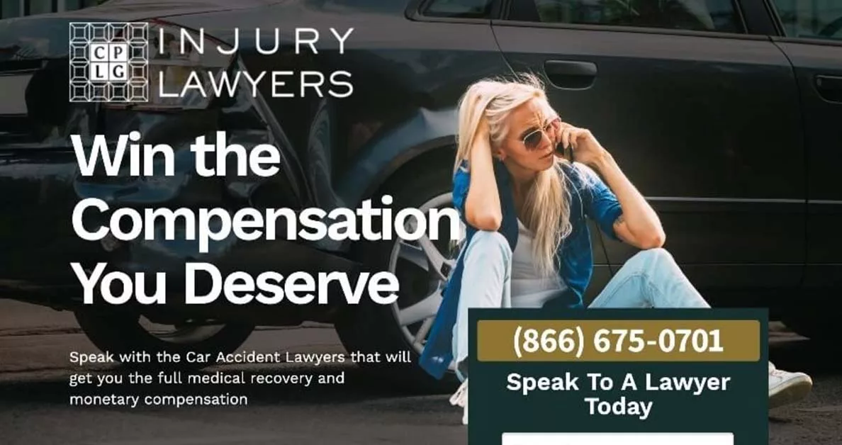 Woman sitting by car discussing injury claim with lawyers ad