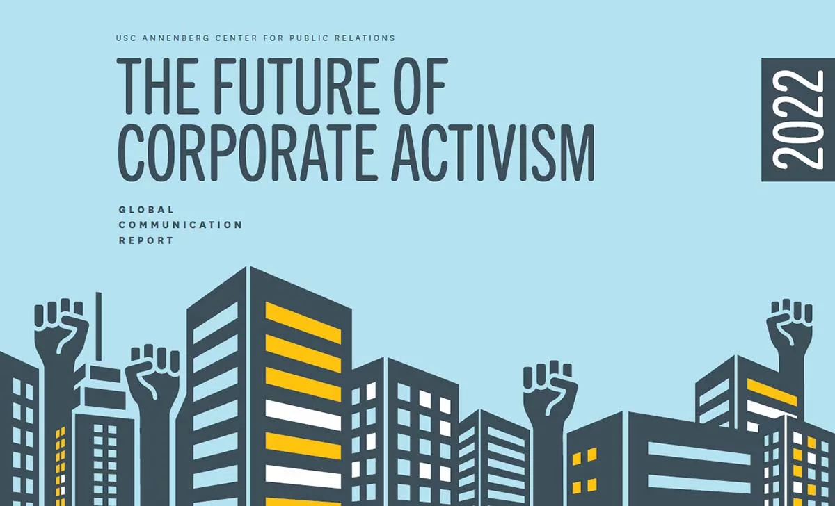 2022 corporate activism report cover with raised hands and buildings graphic.
