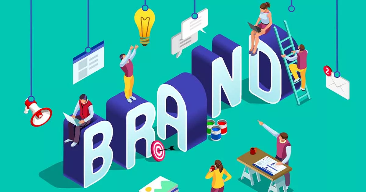Isometric illustration of people engaging in branding activities with large 'BRAND' text.