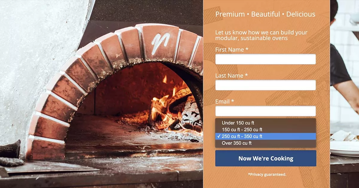 Traditional brick pizza oven with fire and online form for sustainable ovens inquiry.