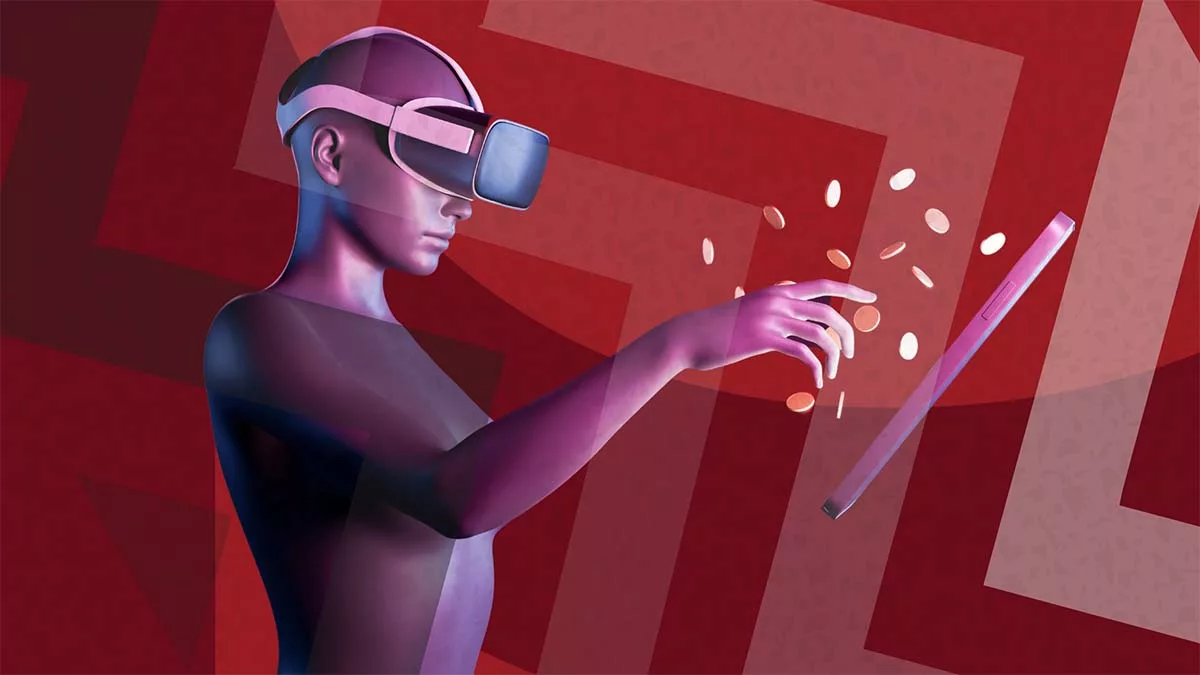 Illustration of person using VR headset with floating digital tablet and icons.