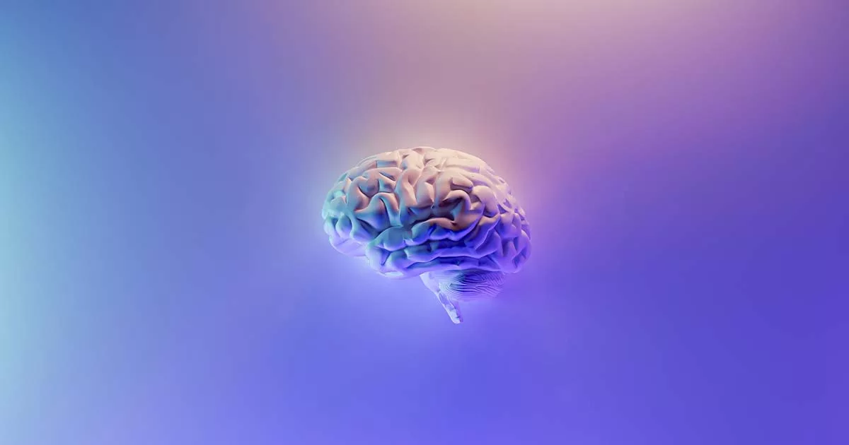 3D rendering of a human brain with a gradient blue and purple background.