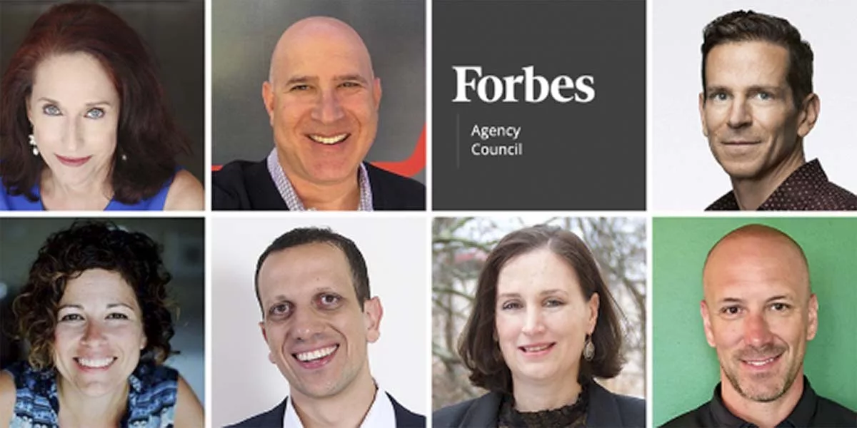 Eight professionals in a collage with Forbes Agency Council logo