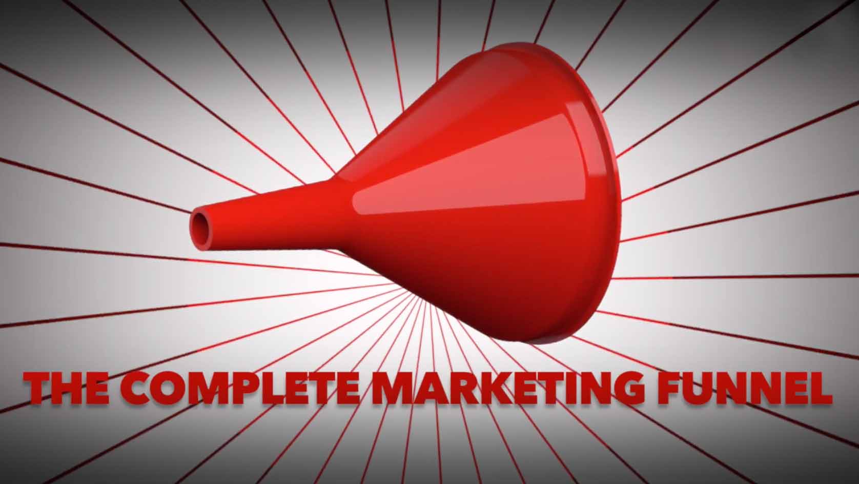 Red megaphone with text "The Complete Marketing Funnel" on a radial line background