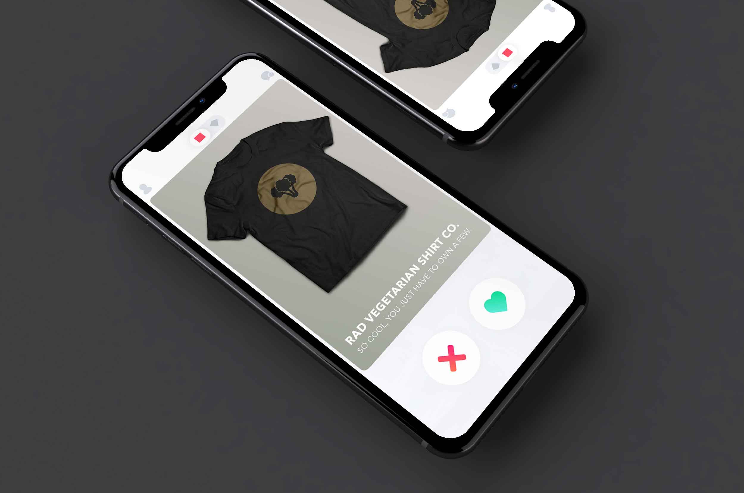 Two smartphones displaying black t-shirt with graphic design on shopping app.