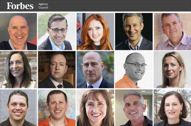 Collage of diverse professional headshots from Forbes Agency Council members