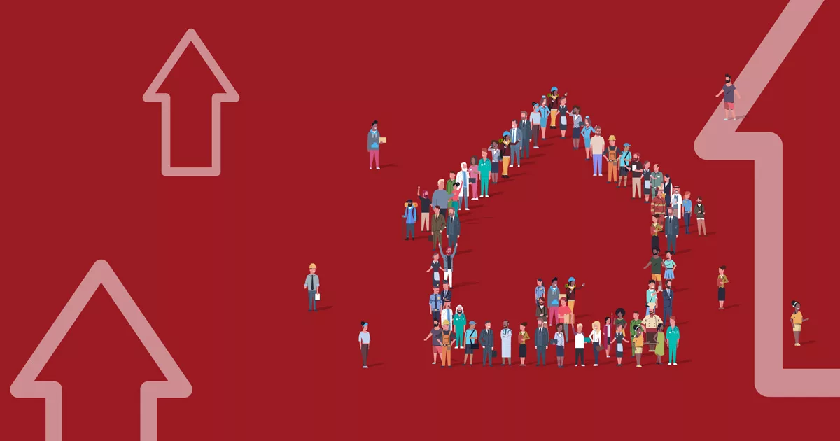 Illustration of diverse people forming a house shape on red background