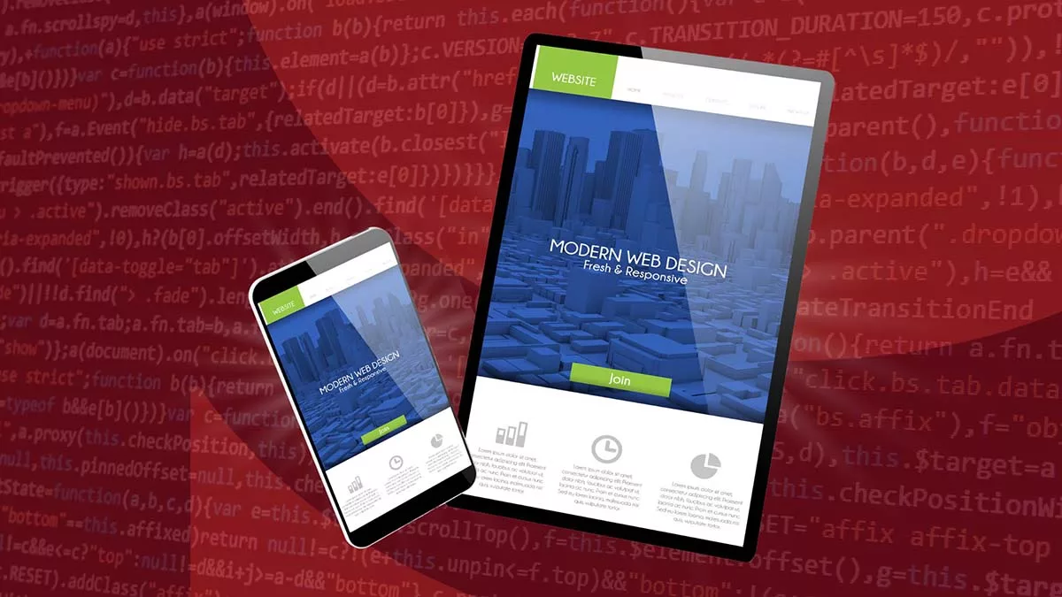 Smartphone and tablet displaying modern web design website with code background