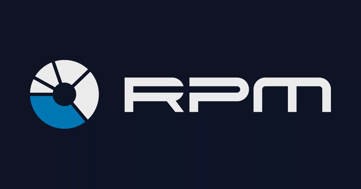 RPM logo with graphic wheel and blue gradient on dark background