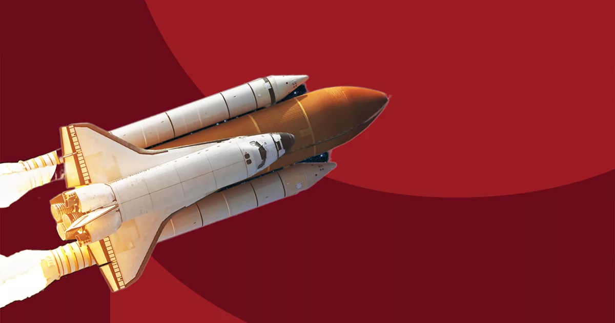 Space shuttle ascending with boosters against a red background