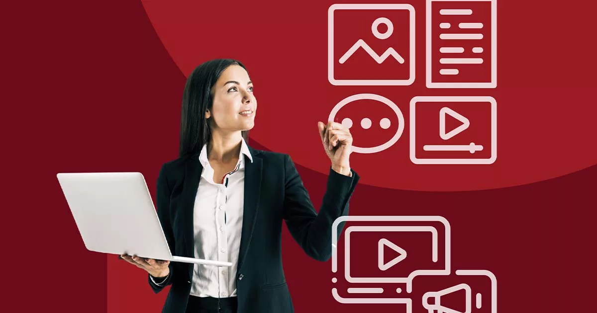 Businesswoman with laptop touching digital marketing icons on red background