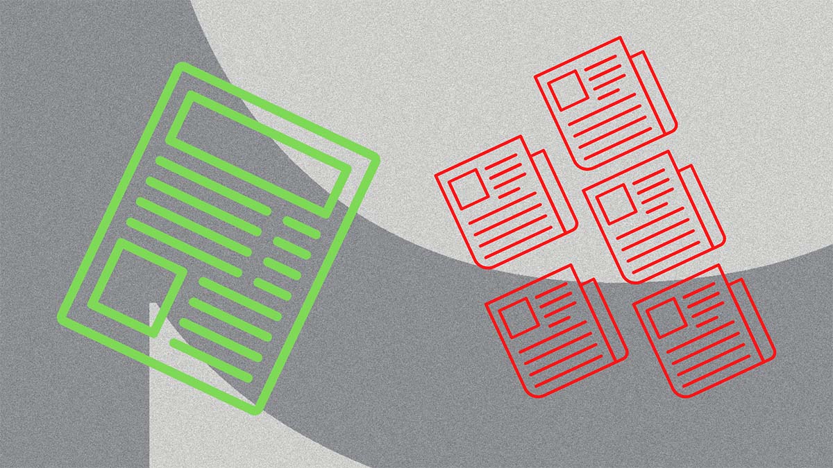 Green outline of a document icon and red outlined papers on grey background