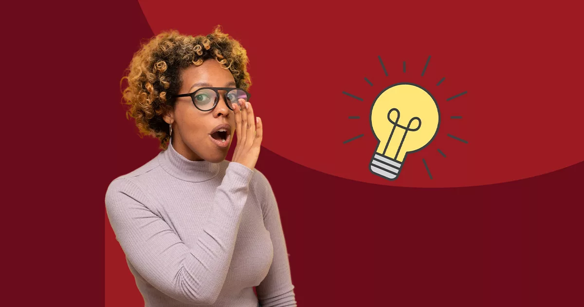 Woman gesturing secret whisper with light bulb idea icon on red background