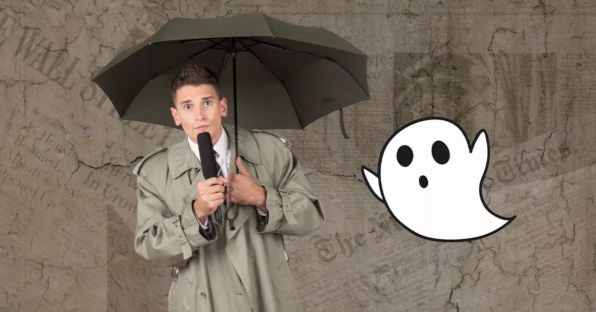 Man with umbrella looking at a ghost illustration on textured background