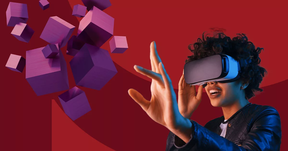 Woman in VR headset interacting with 3D shapes on red background