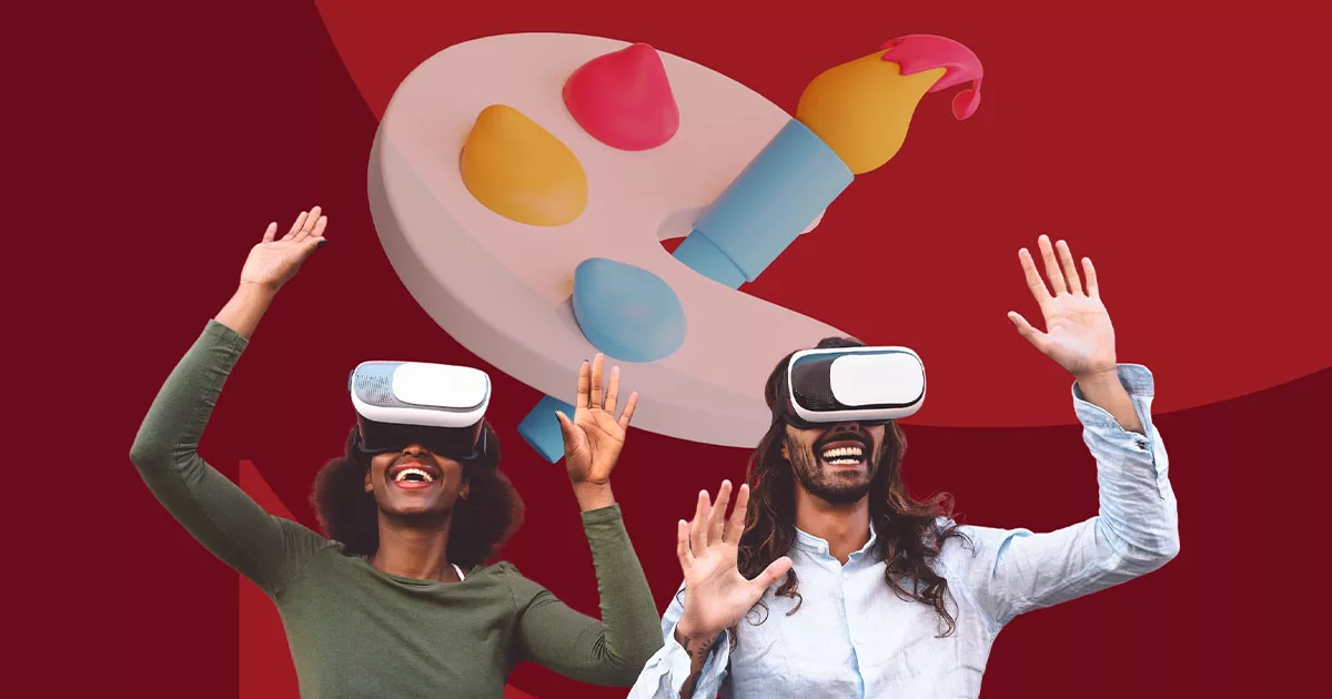 Two people enjoying virtual reality headsets with a colorful abstract background.