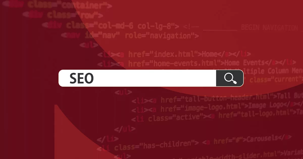 SEO search bar on digital marketing background with code elements.