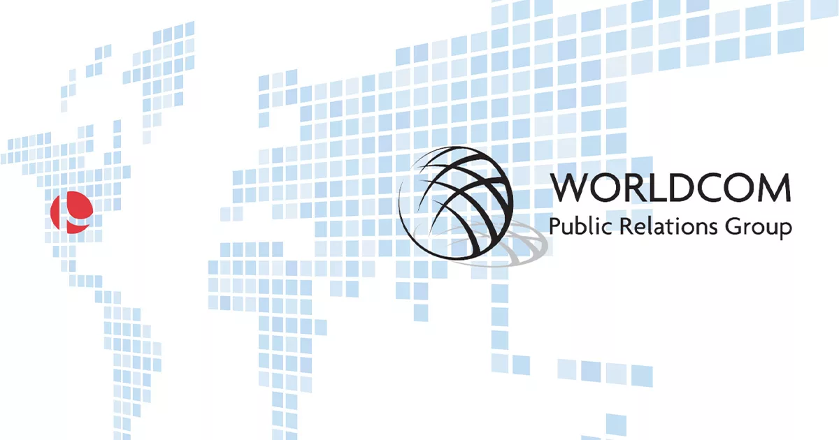 World map pixel design with Worldcom Public Relations Group logo