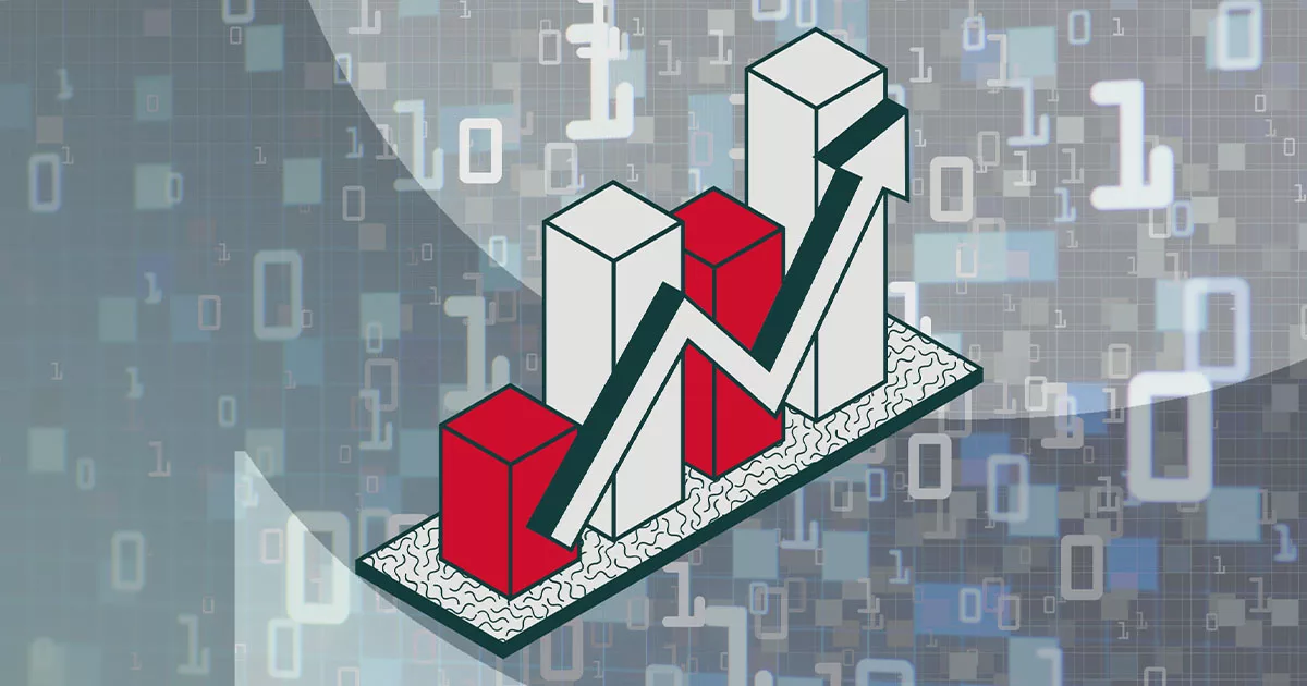 3D bar chart with rising arrow on digital background indicating growth trend in data analysis