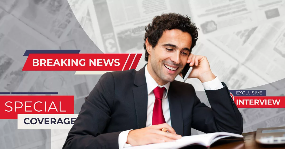 Businessman on phone with breaking news and special interview graphics