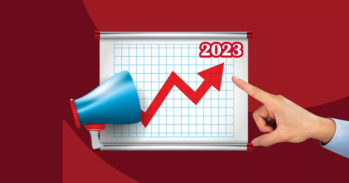 2023 growth chart with rising arrow and megaphone on red background