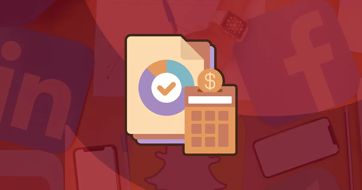 Illustration of social media analytics report with calculator and coin.
