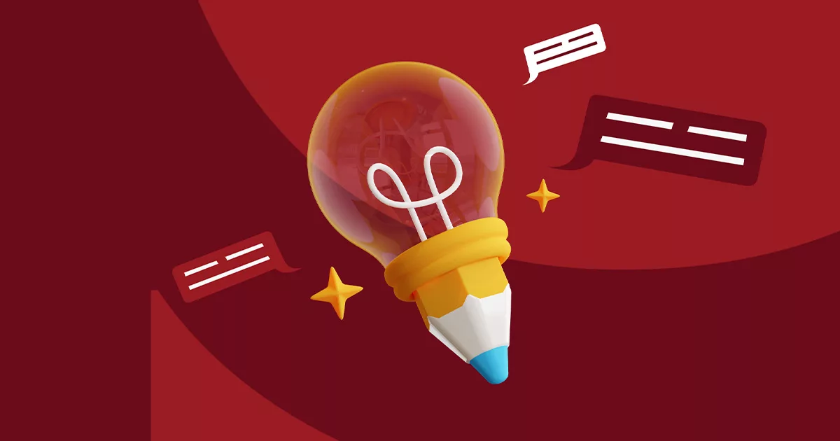 Lightbulb with pencil tip and speech bubbles on red background for creative ideas concept.