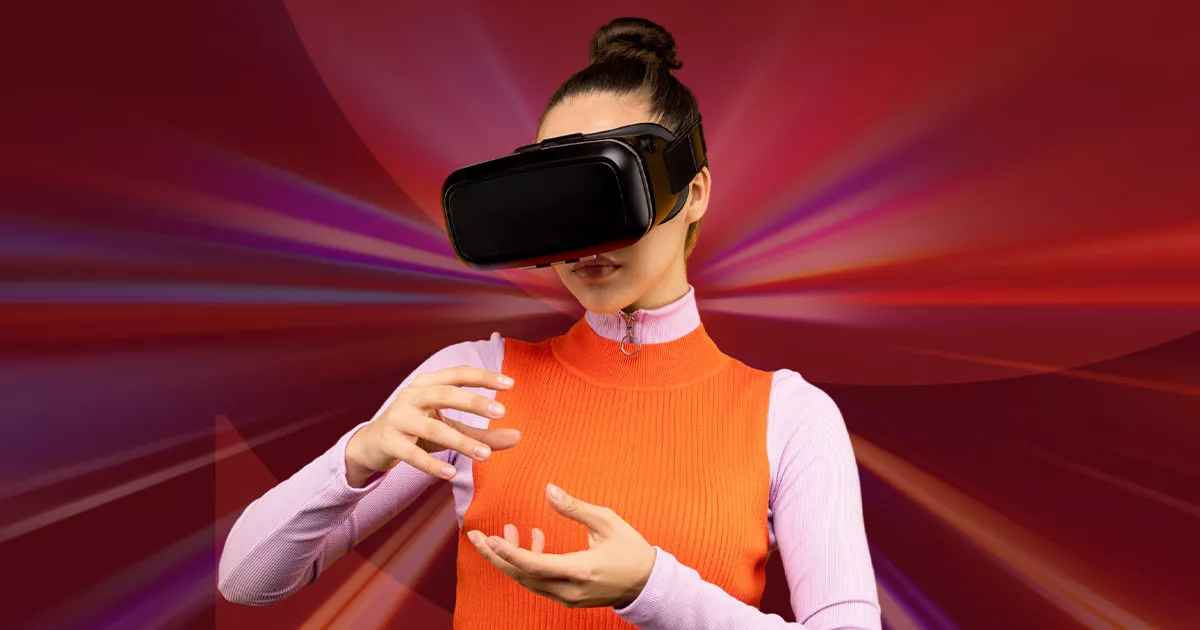 Woman wearing VR headset with dynamic red background.