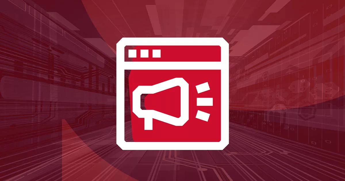 Red digital marketing icon with loudspeaker on abstract tech background