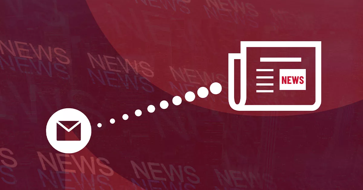 Abstract email to news icon transition on a red background with news text overlay