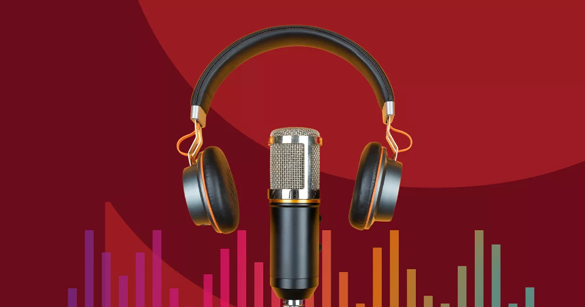 Professional microphone with headphones on red background with sound wave graphics.