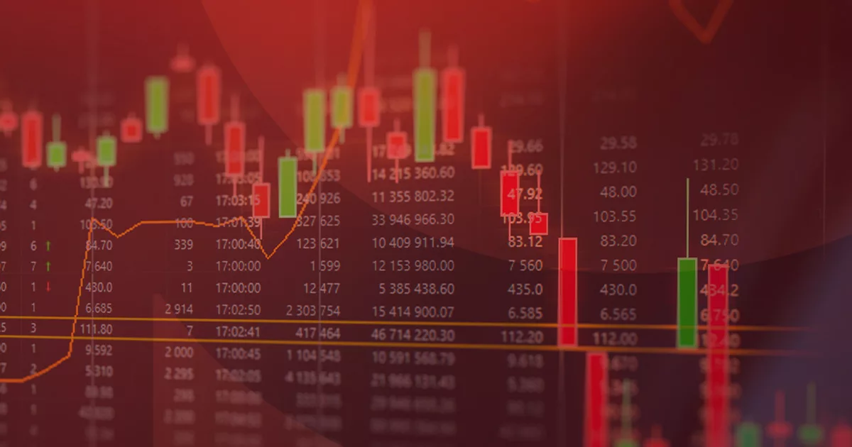 Blurry stock market chart with candlestick graph and numbers on red background