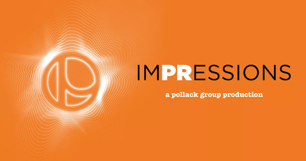 Bright abstract logo on orange background with wave pattern and text "IMPRESSIONS a pollack group production"