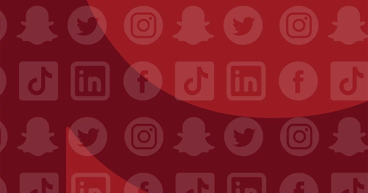 Collage of various social media platform icons on a red background.