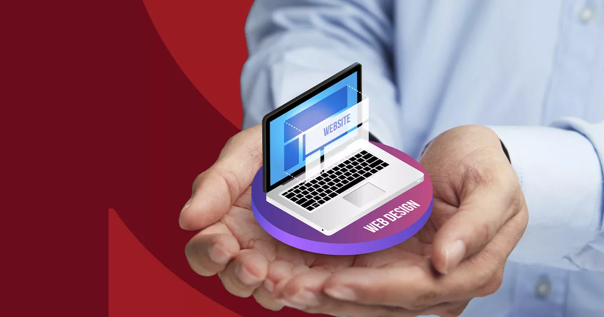 Person presenting a 3D laptop graphic with "web design" concept on red background.